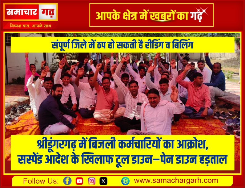 श्रीडूंगरगढ़ में बिजली कर्मचारियों का आक्रोश, सस्पेंड आदेश के खिलाफ टूल डाउन–पेन डाउन हड़ताल