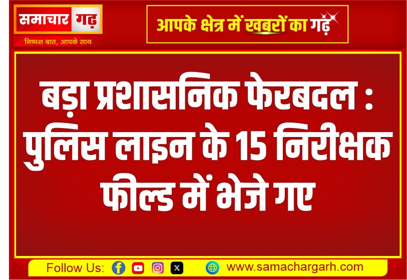 बड़ा प्रशासनिक फेरबदल : पुलिस लाइन के 15 निरीक्षक फील्ड में भेजे गए