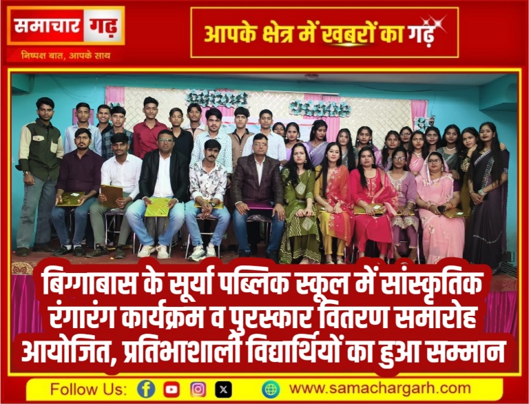 बिग्गाबास के सूर्या पब्लिक स्कूल में सांस्कृतिक रंगारंग कार्यक्रम व पुरस्कार वितरण समारोह आयोजित, प्रतिभाशाली विद्यार्थियों का हुआ सम्मान
