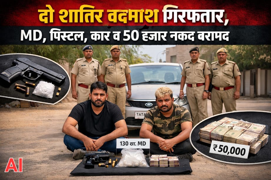दो शातिर बदमाश गिरफ्तार, MD, पिस्टल, कार व 50 हजार नकद बरामद