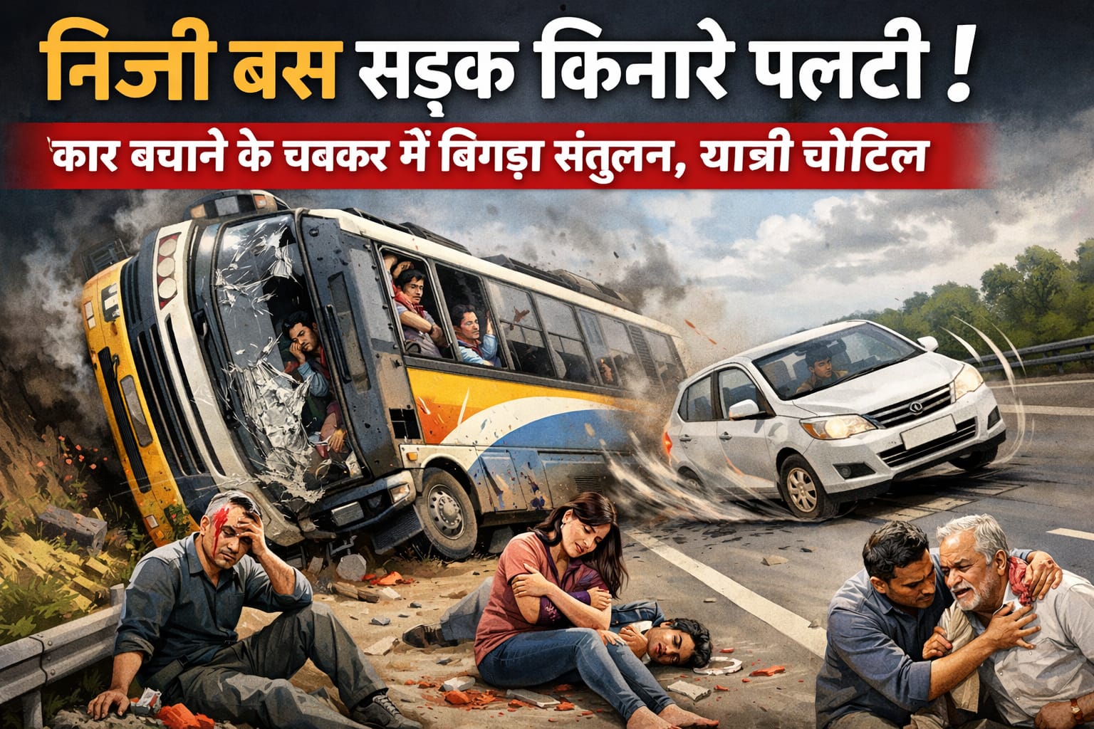 निजी बस सड़क किनारे पलटी, कार बचाने के चक्कर में बिगड़ा संतुलन, यात्री चोटिल