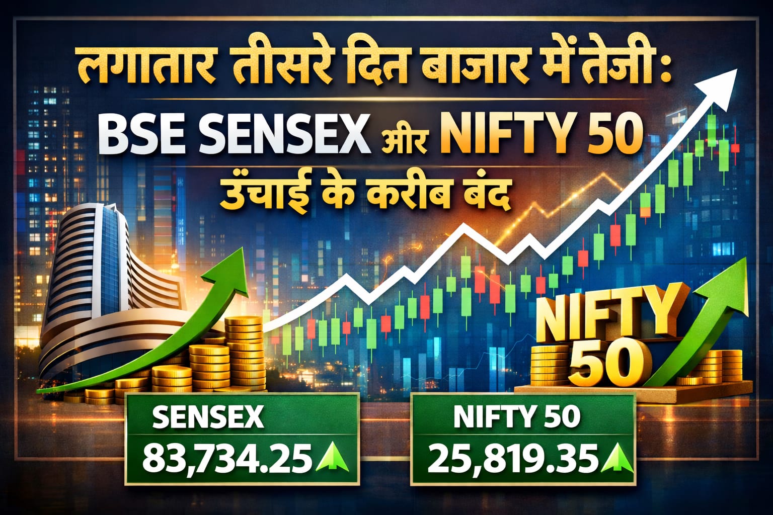 लगातार तीसरे दिन बाजार में तेजी: BSE Sensex और NIFTY 50 ऊँचाई के करीब बंद