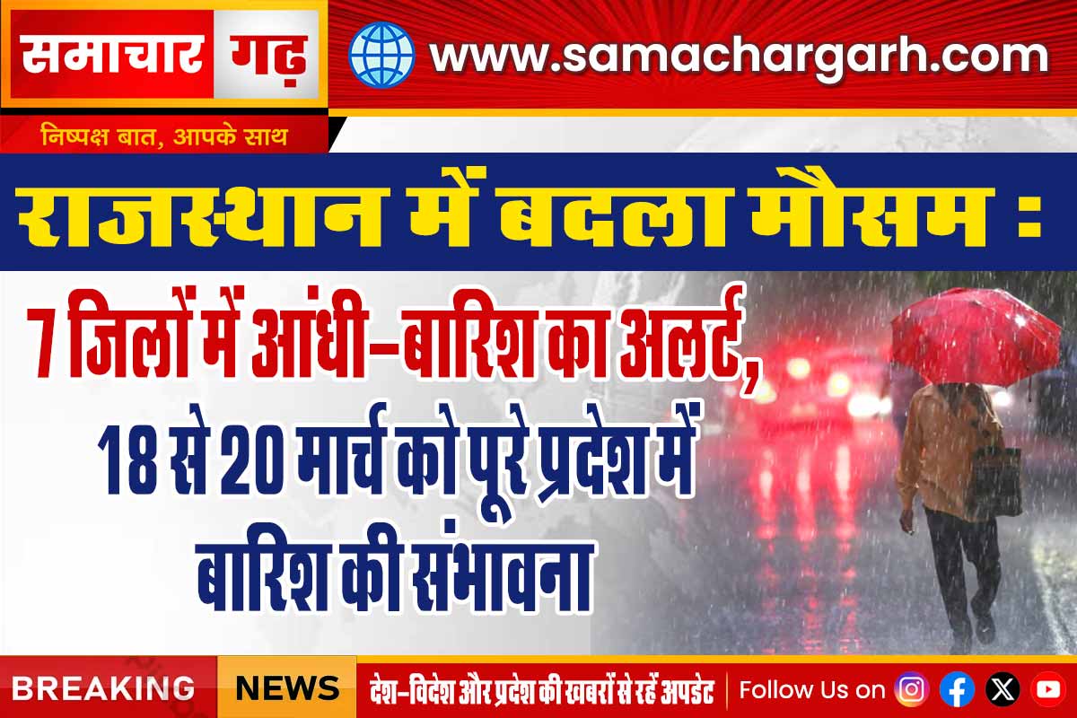 राजस्थान में बदला मौसम: 7 जिलों में आंधी-बारिश का अलर्ट, 18 से 20 मार्च को पूरे प्रदेश में बारिश की संभावना