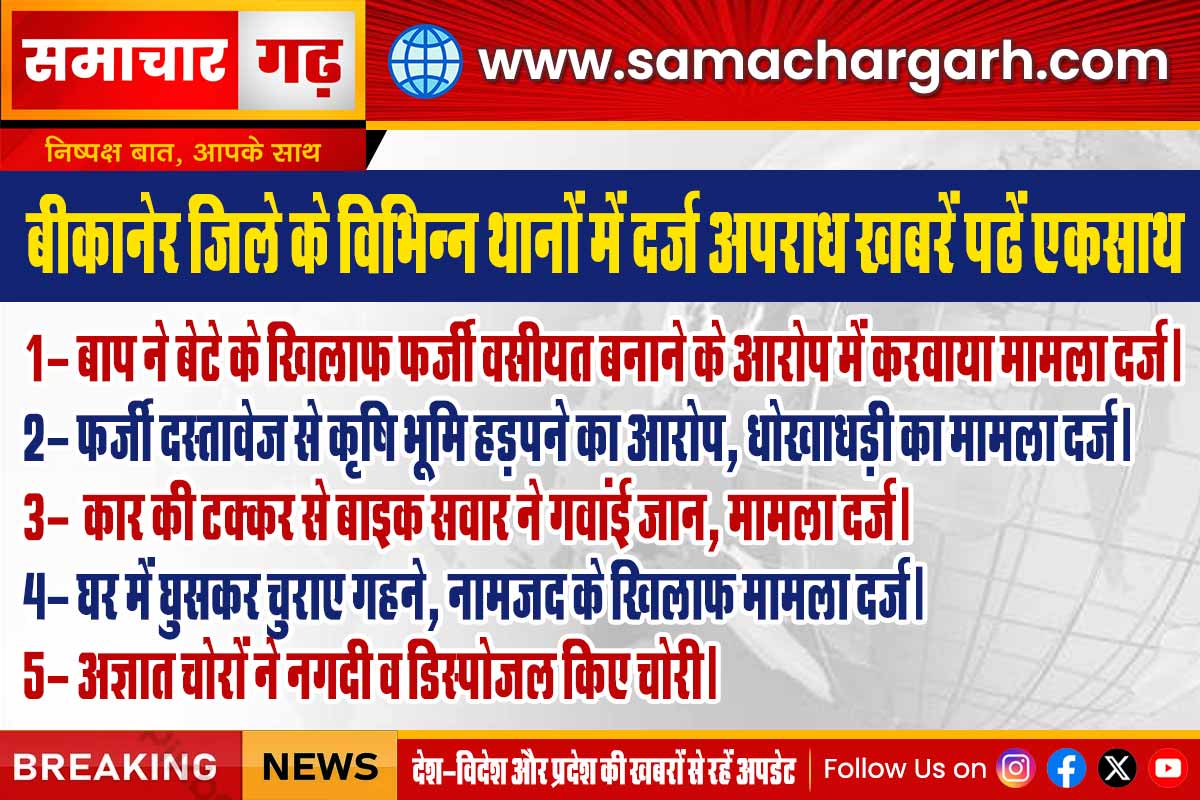 बीकानेर जिले के विभिन्न थानों में दर्ज अपराध खबरें पढें एकसाथ