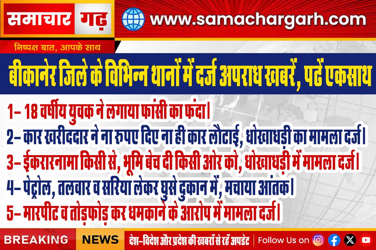 बीकानेर जिले के विभिन्न थानों में दर्ज अपराध खबरें, पढें एकसाथ