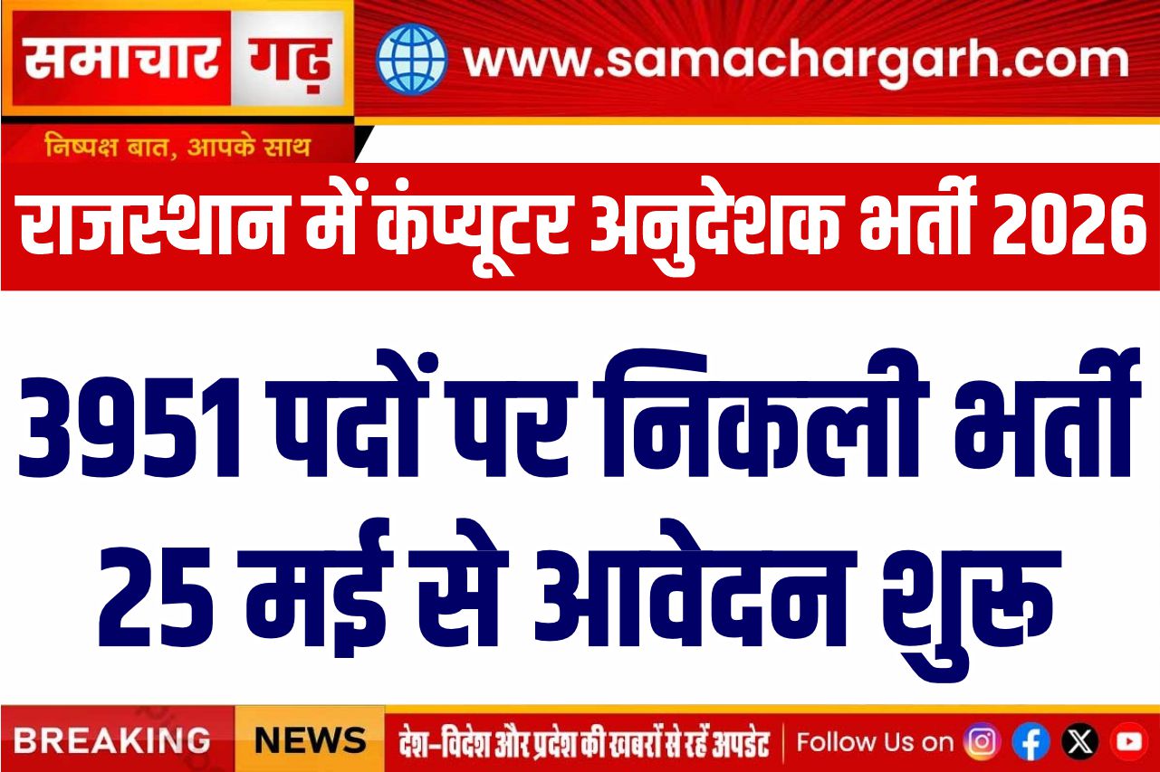 राजस्थान में कंप्यूटर अनुदेशक भर्ती 2026: 3951 पदों पर निकली भर्ती, 25 मई से आवेदन शुरू