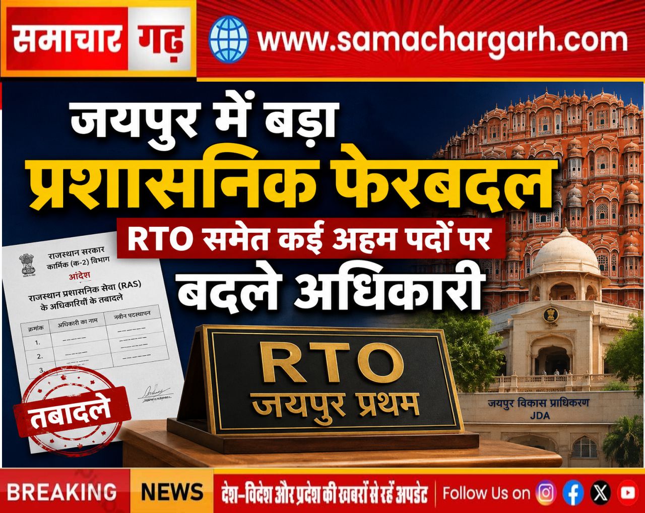 जयपुर में बड़ा प्रशासनिक फेरबदल, RTO समेत कई अहम पदों पर बदले अधिकारी