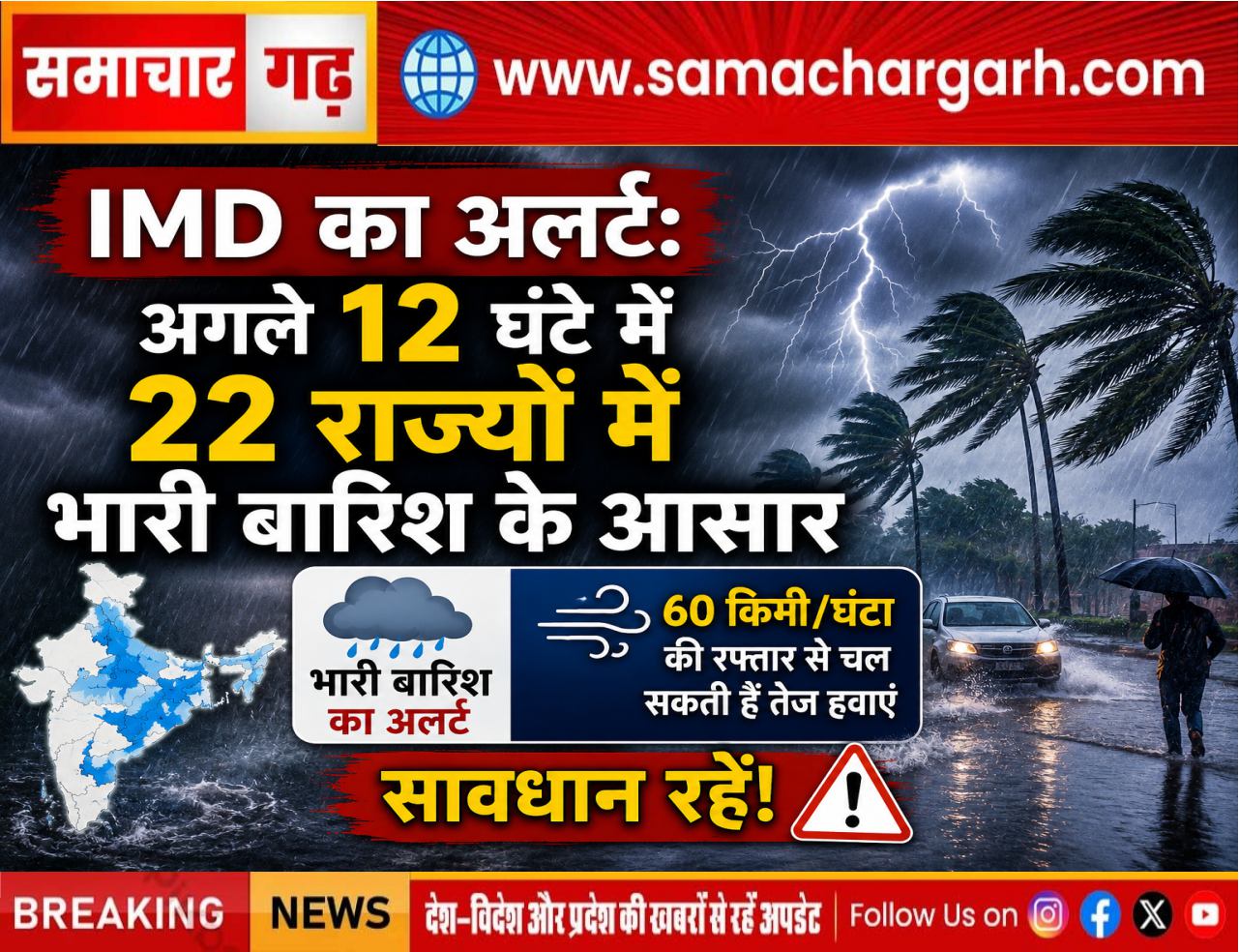 IMD का अलर्ट: अगले 12 घंटे में 22 राज्यों में भारी बारिश के आसार, 60 किमी/घंटा की रफ्तार से चल सकती हैं तेज हवाएं