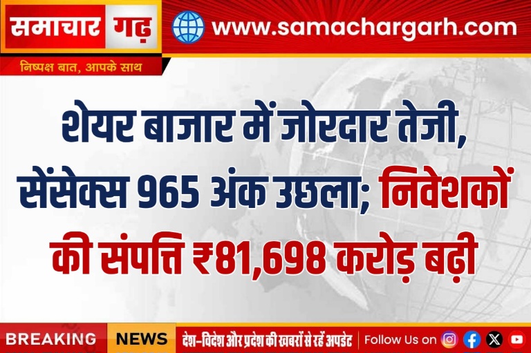 शेयर बाजार में जोरदार तेजी, सेंसेक्स 965 अंक उछला; निवेशकों की संपत्ति ₹81,698 करोड़ बढ़ी