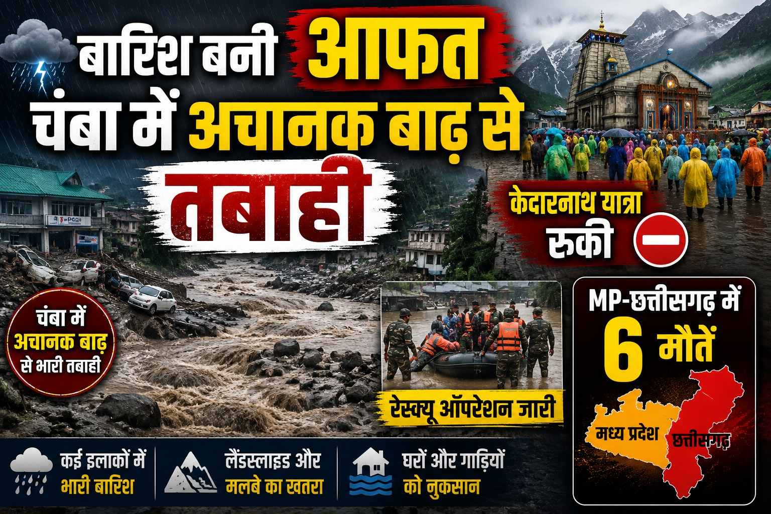 बारिश बनी आफत: चंबा में अचानक बाढ़ से तबाही, केदारनाथ यात्रा रुकी; MP-छत्तीसगढ़ में 6 मौतें