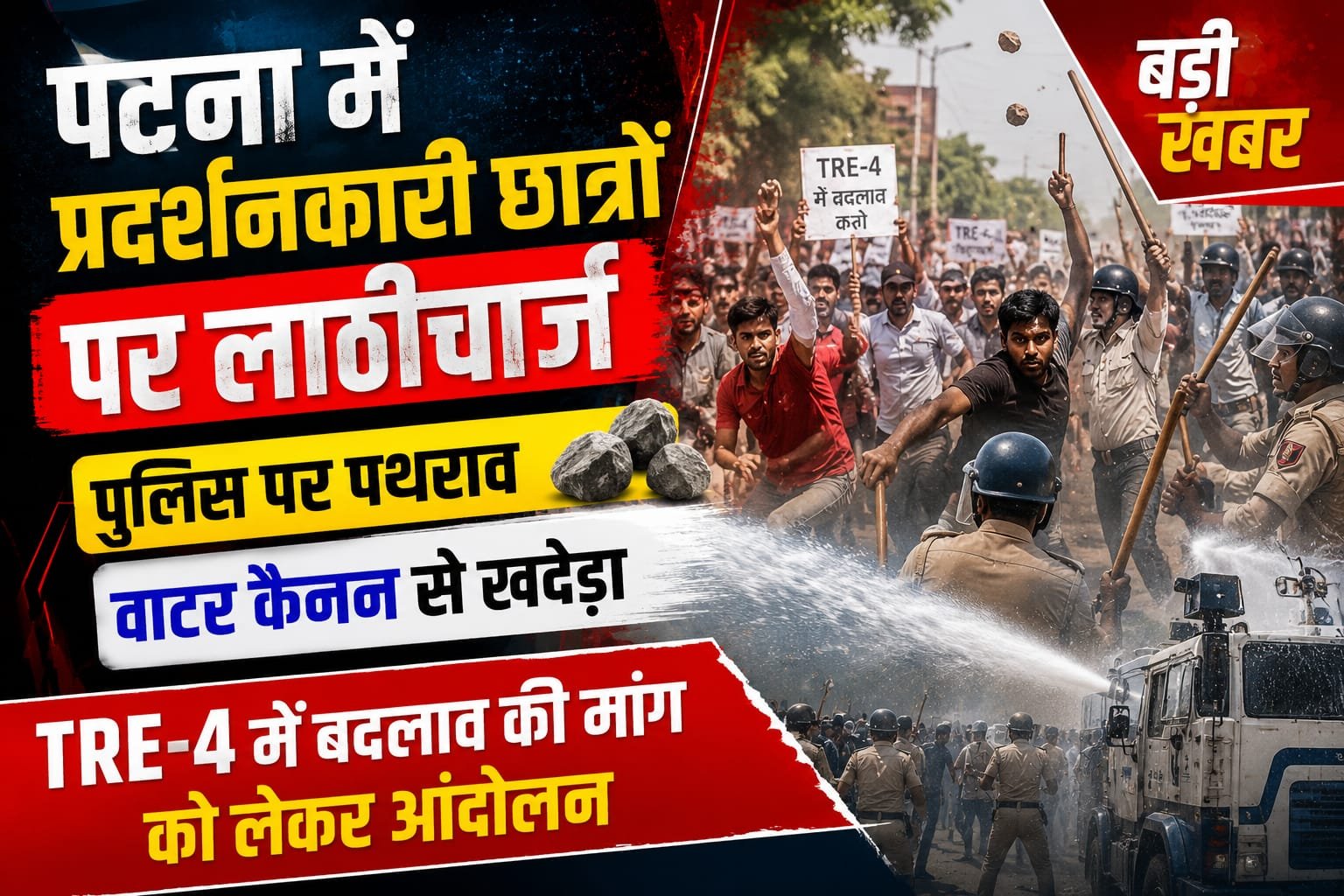 पटना में प्रदर्शनकारी छात्रों पर लाठीचार्ज, पुलिस पर पथराव: वाटर कैनन से खदेड़ा; TRE-4 में बदलाव की मांग को लेकर आंदोलन