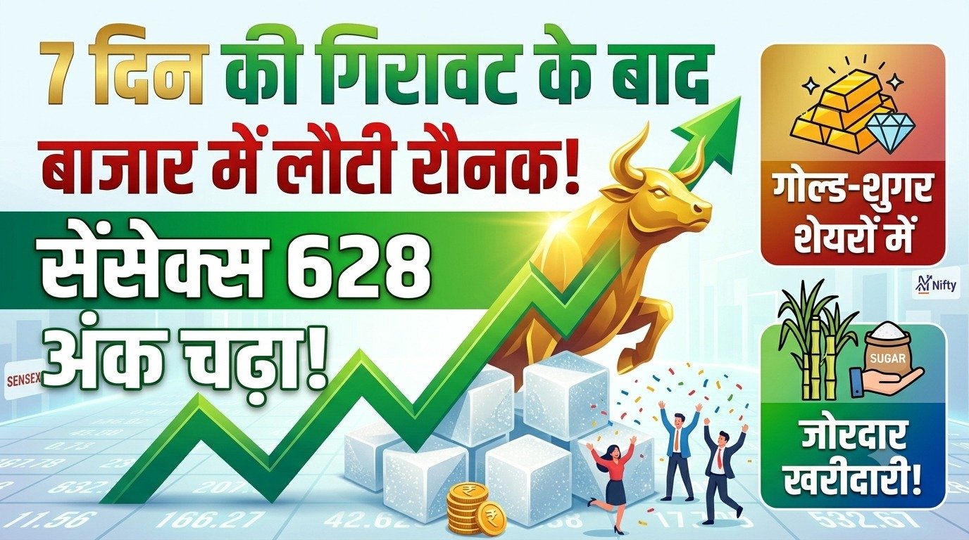 7 दिन की गिरावट के बाद बाजार में लौटी रौनक, सेंसेक्स 628 अंक चढ़ा; गोल्ड-शुगर शेयरों में जोरदार खरीदारी