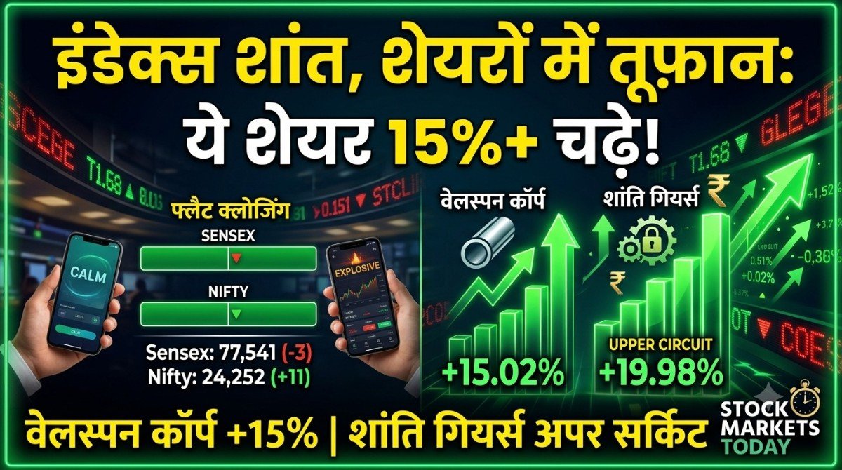 शेयर बाजार में इंडेक्स शांत, शेयरों में जोरदार हलचल; वेलस्पन कॉर्प 15% चढ़ा, शांति गियर्स में अपर सर्किट