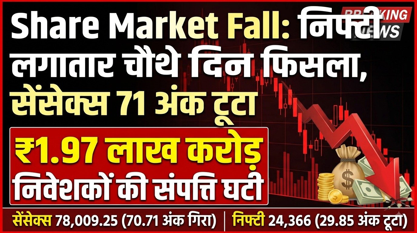 Share Market Fall: निफ्टी लगातार चौथे दिन फिसला, सेंसेक्स 71 अंक टूटा; निवेशकों की संपत्ति ₹1.97 लाख करोड़ घटी