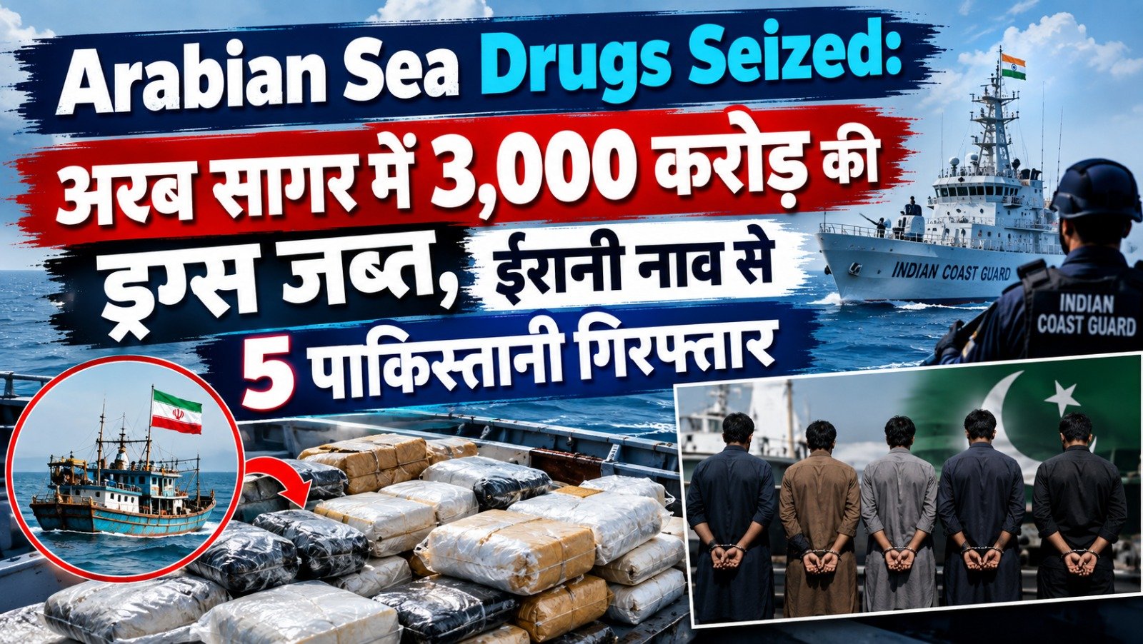 Arabian Sea Drugs Seized: अरब सागर में 3,000 करोड़ की ड्रग्स जब्त, ईरानी नाव से 5 पाकिस्तानी गिरफ्तार