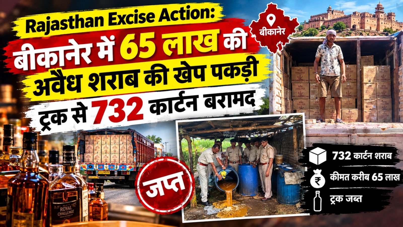 Rajasthan Excise Action: बीकानेर में 65 लाख की अवैध शराब की खेप पकड़ी, ट्रक से 732 कार्टन बरामद
