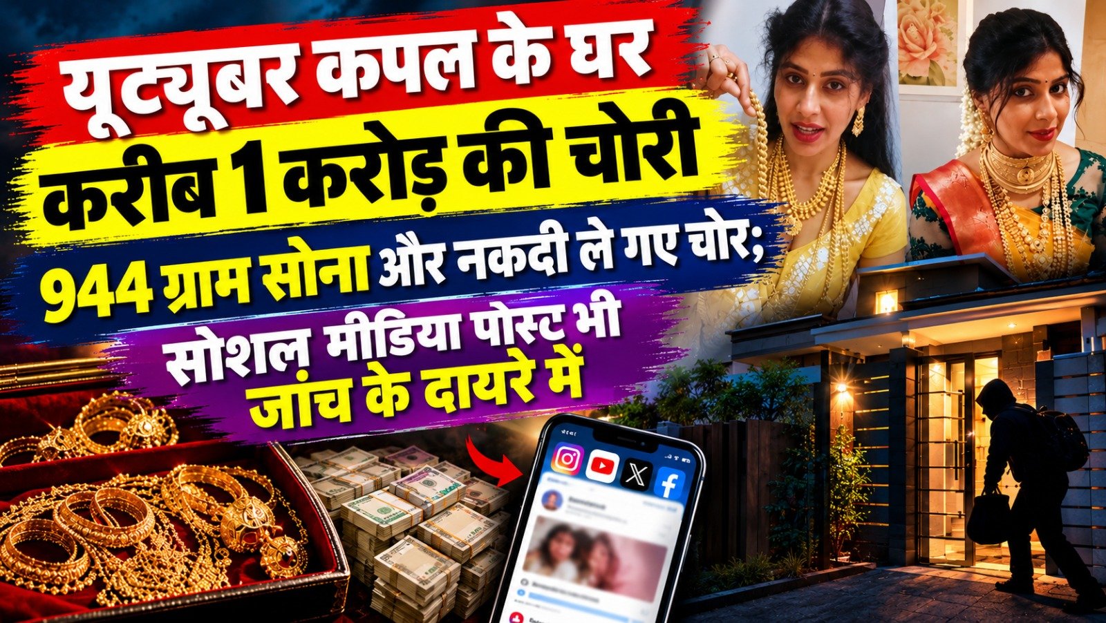 यूट्यूबर कपल के घर करीब 1 करोड़ की चोरी, 944 ग्राम सोना और नकदी ले गए चोर; सोशल मीडिया पोस्ट भी जांच के दायरे में