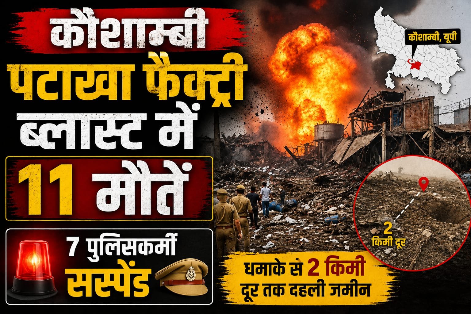 कौशाम्बी पटाखा फैक्ट्री ब्लास्ट में 11 मौतें, 7 पुलिसकर्मी सस्पेंड; धमाके से 2 किमी दूर तक दहली जमीन
