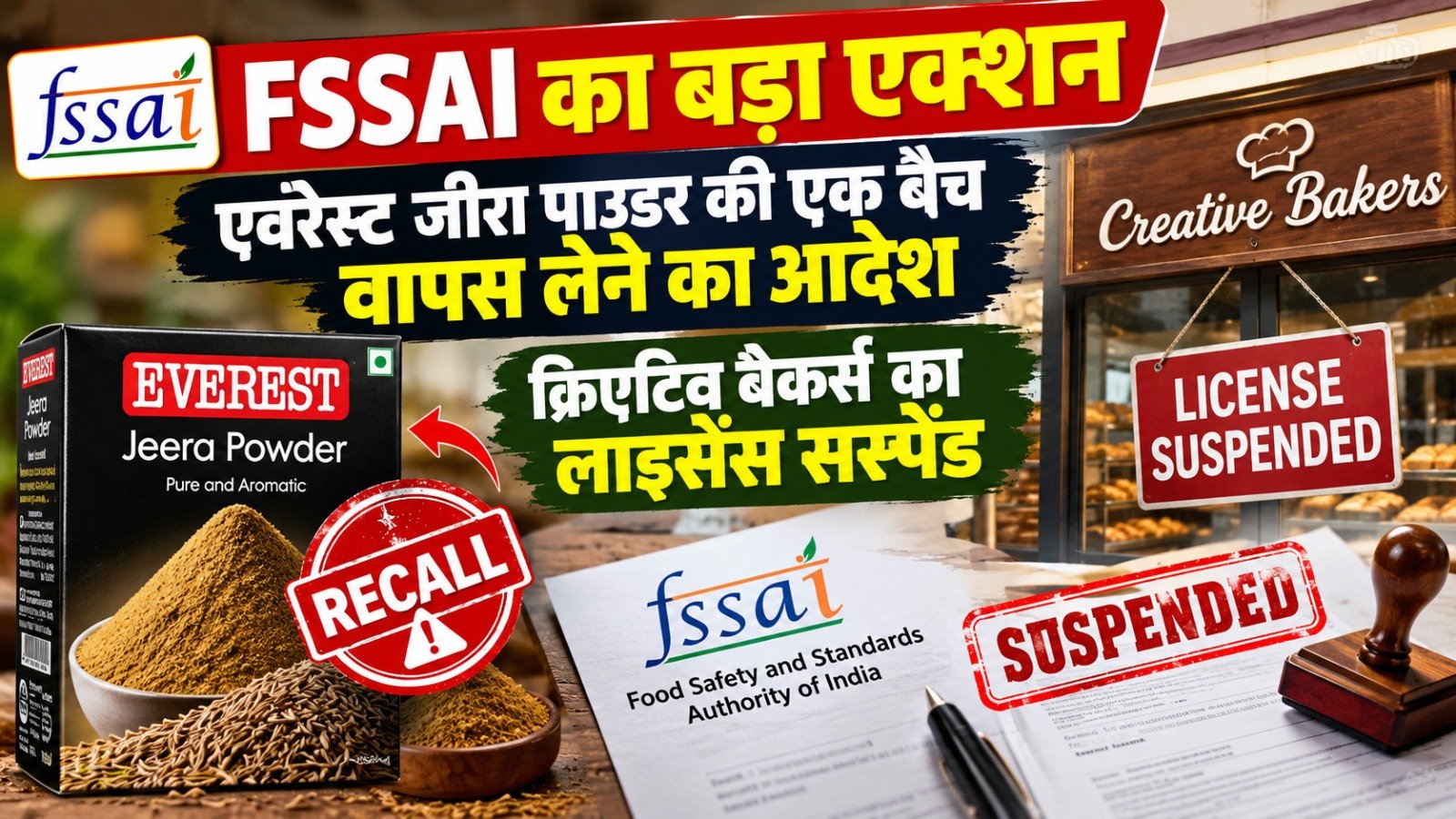 FSSAI Action: एवरेस्ट जीरा पाउडर की एक बैच वापस लेने का आदेश, क्रिएटिव बेकर्स का लाइसेंस सस्पेंड